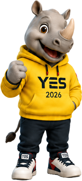 Baja, the YES 2026 character, a Javan rhino in a yellow YES hoodie
