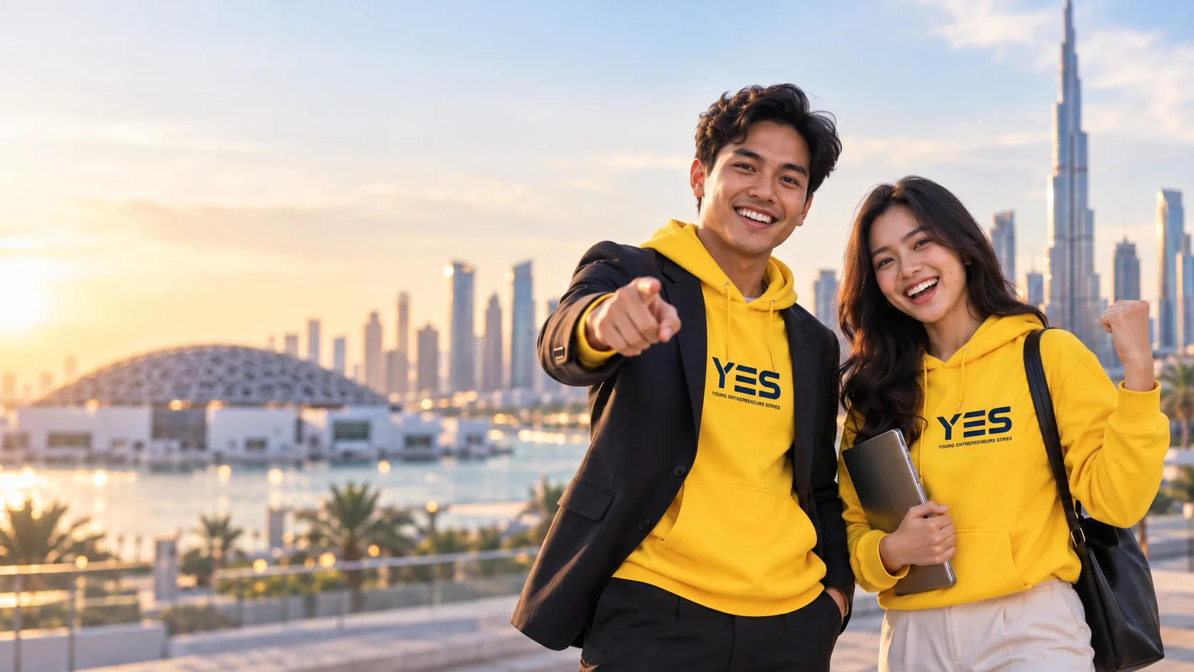 Two young founders in YES hoodies smiling on a waterfront walkway, with the Abu Dhabi skyline behind them at sunset.