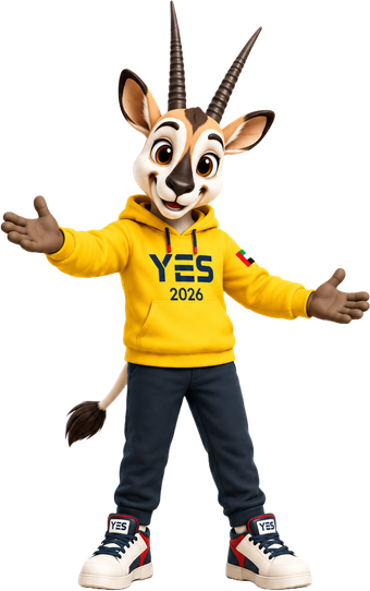 Maha, the YES 2026 character, an Arabian oryx in a yellow YES hoodie